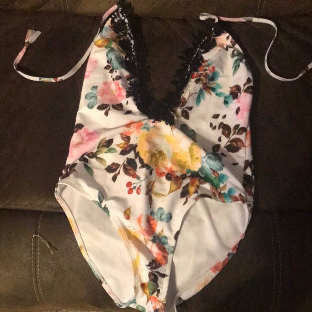 Deep V floral one piece swimsuit